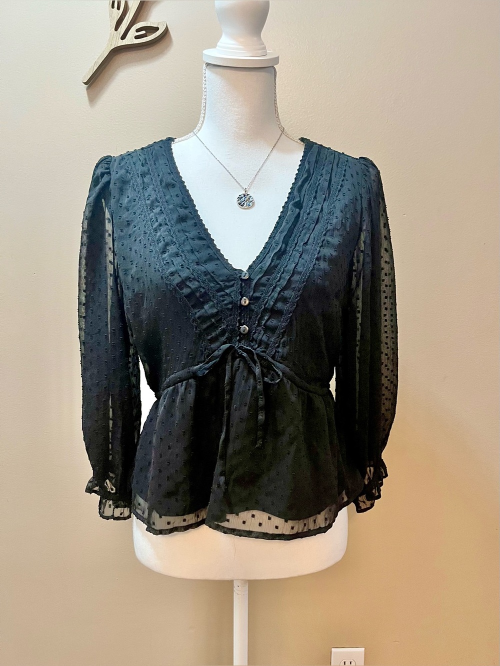 Japna Black Peplum Boho Sheer Peasant Blouse Size Large